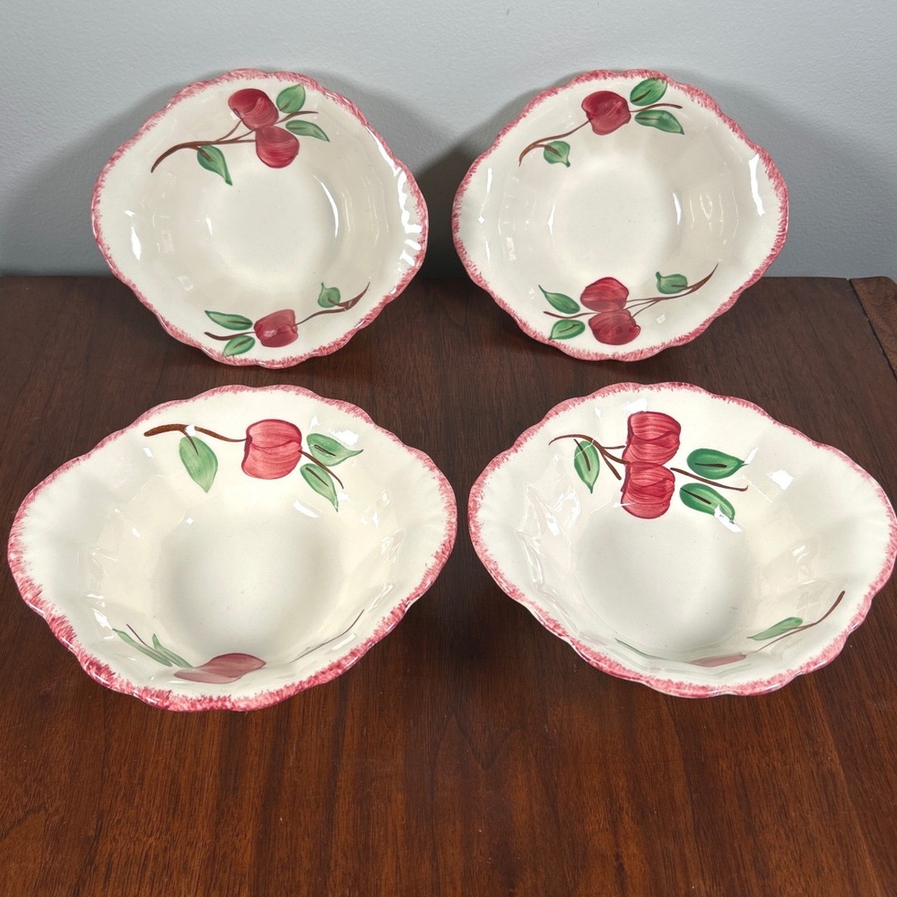 Blue Ridge Southern Potteries Red Apple Scalloped Bowls Hand Painted Set of 4